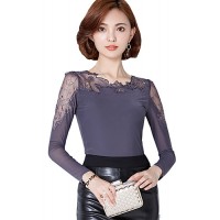 Spring Fall Women's Plus Size Go out Wild Slim Solid Color Patchwork Lace Round Neck Long Sleeve Shirt