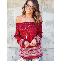 Women's Casual/Daily Sexy / Street chic Backless Bandage Spring / Fall T-shirt Print Boat Neck Long Sleeve Red
