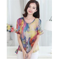 Women's Casual/Daily Sexy Summer / Fall Blouse,Print Round Neck Short Sleeve Blue Polyester Medium