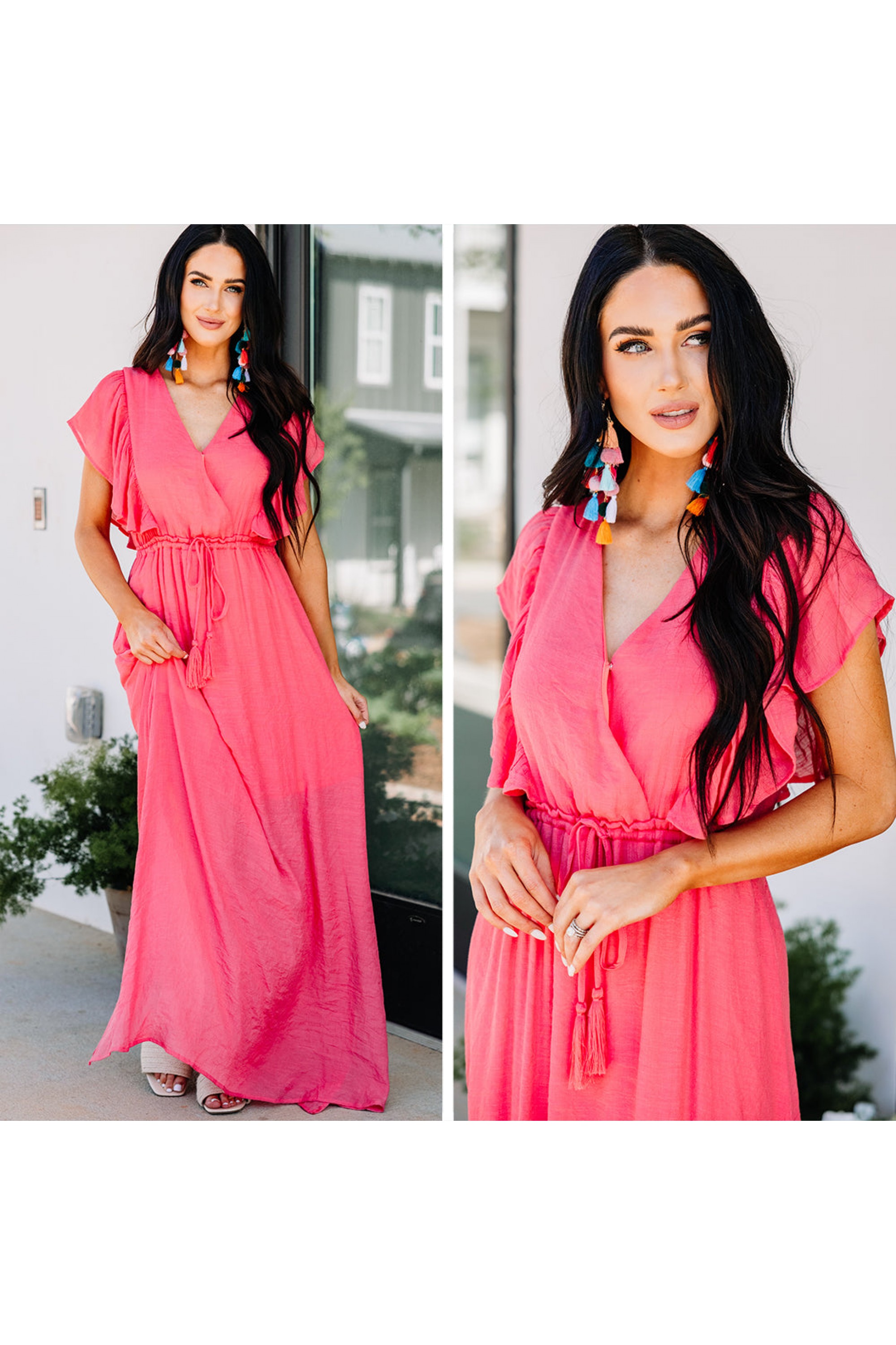 Coral Pink Ruffled Maxi Dress