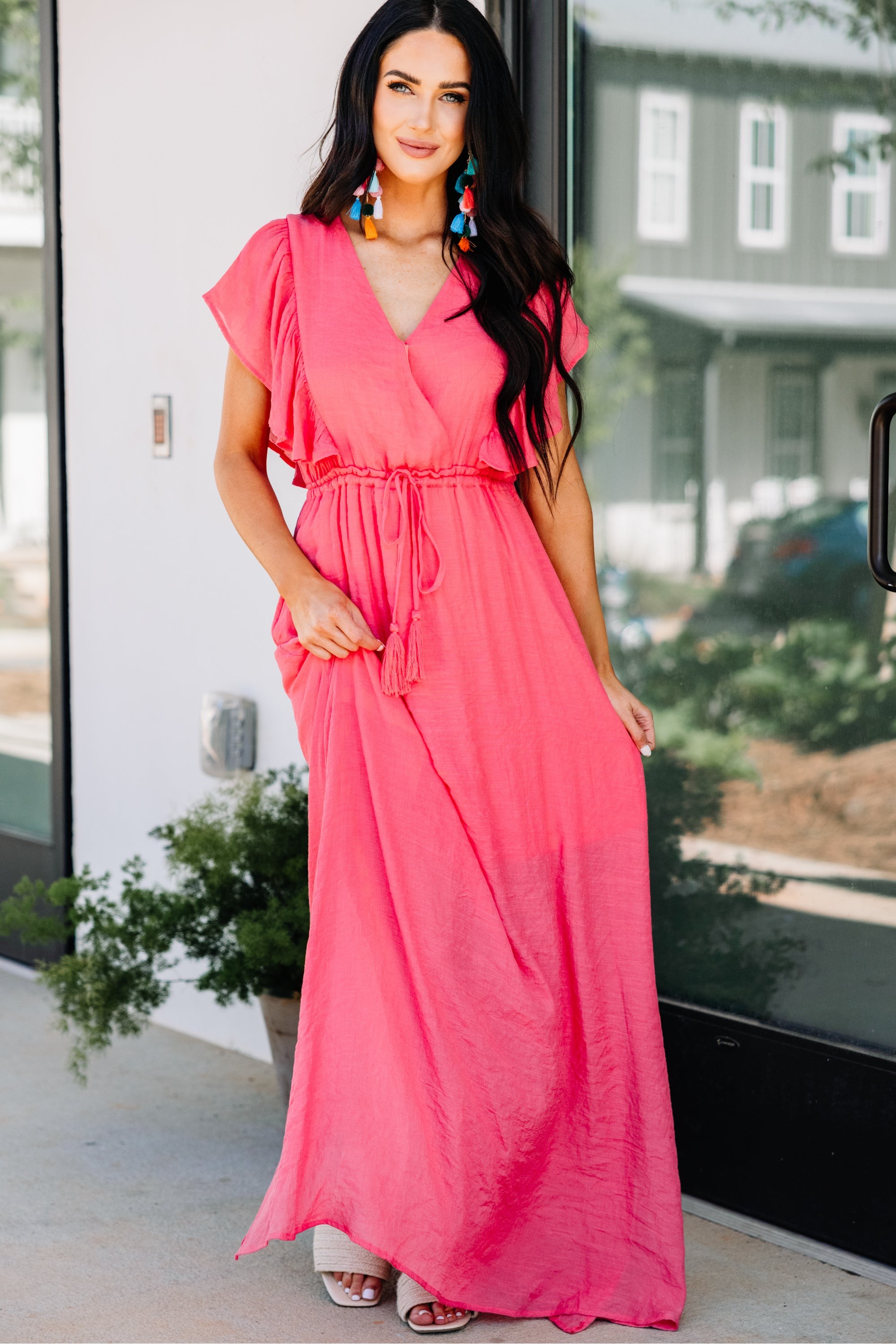 Coral Pink Ruffled Maxi Dress