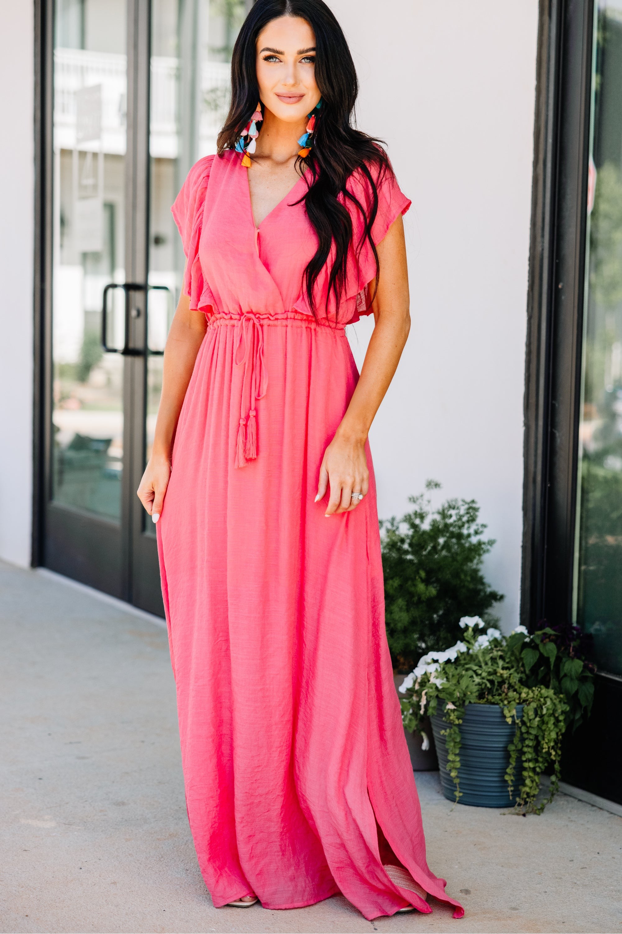 Coral Pink Ruffled Maxi Dress