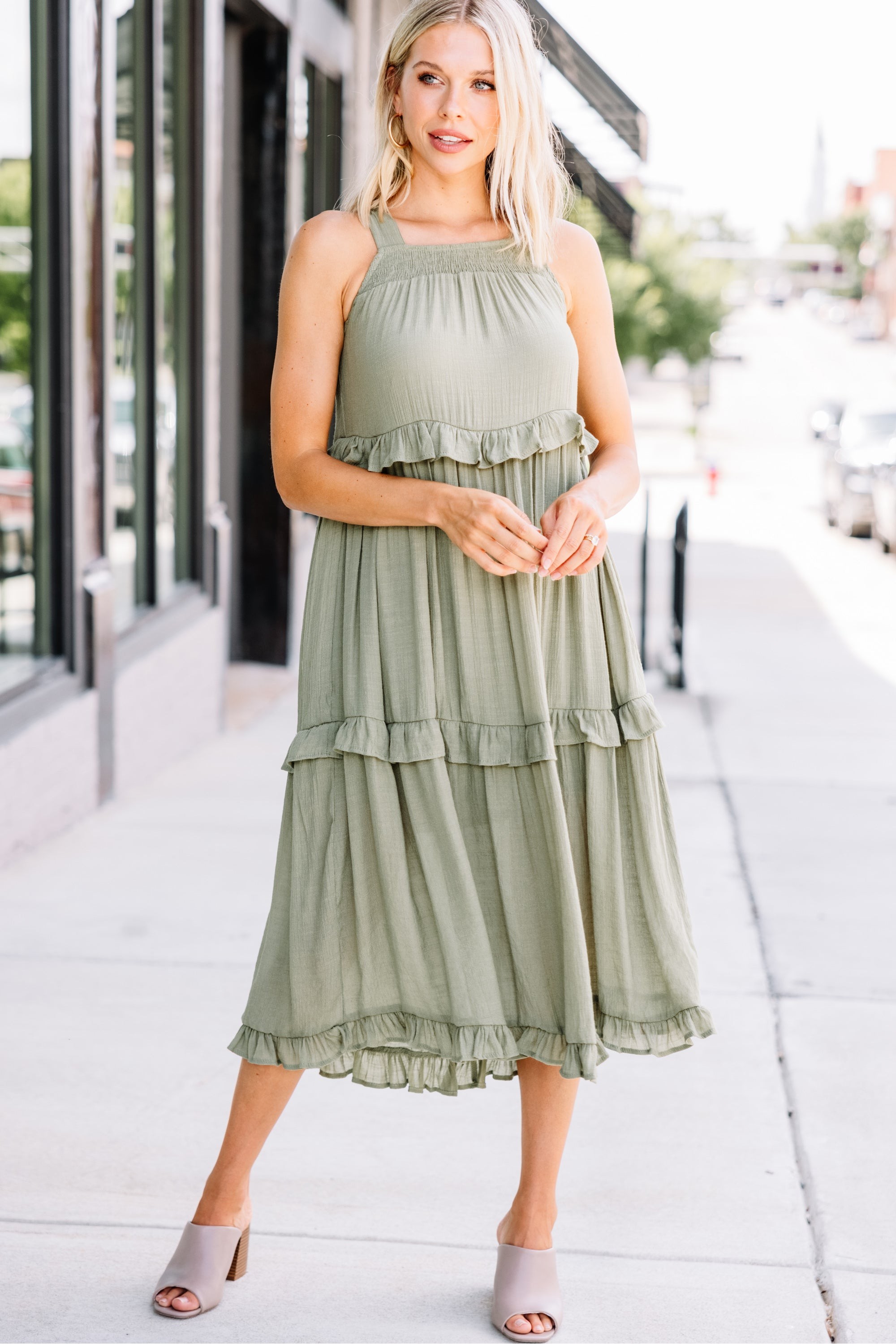 Celebrate Yourself Olive Green Ruffled Midi Dress
