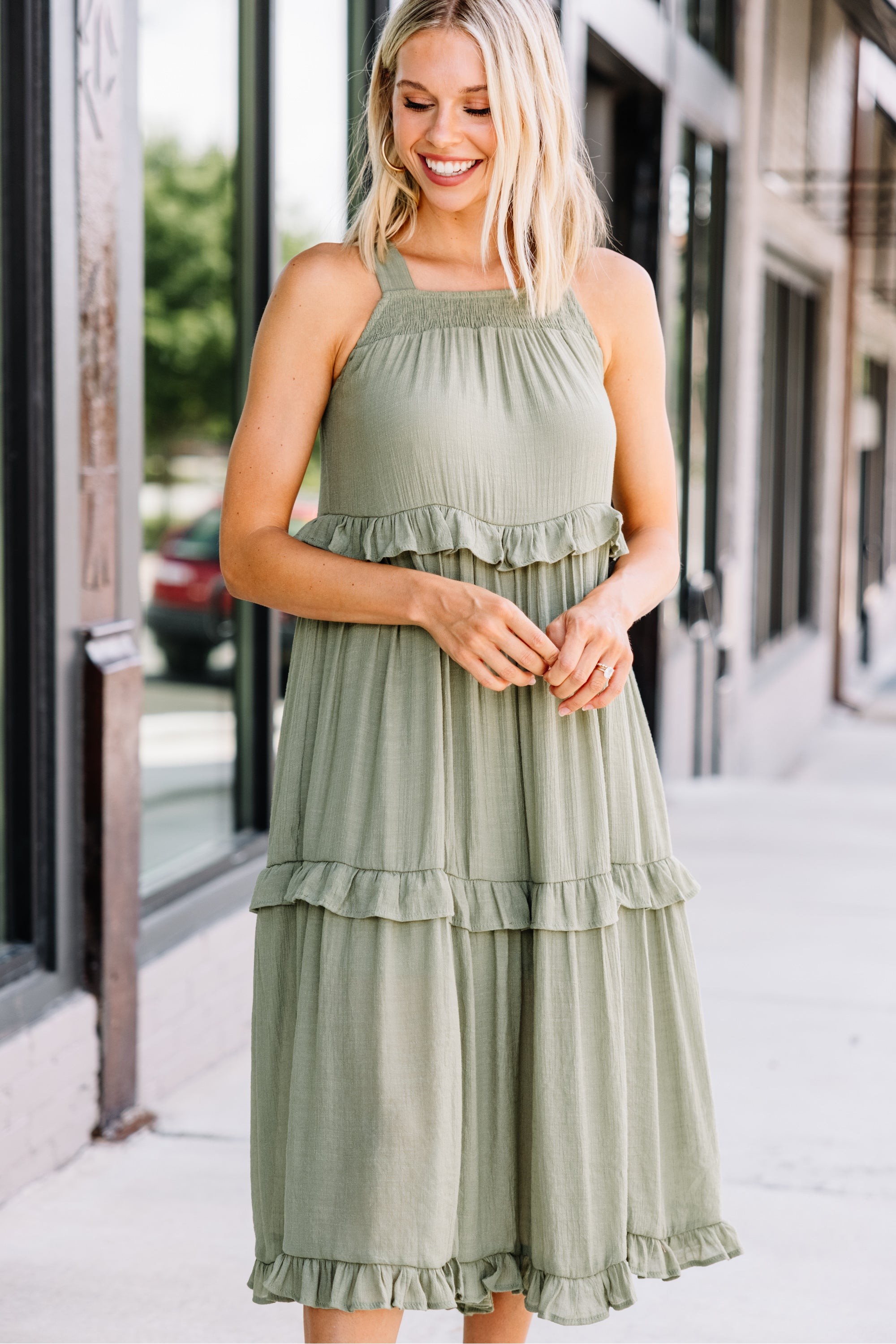 Celebrate Yourself Olive Green Ruffled Midi Dress