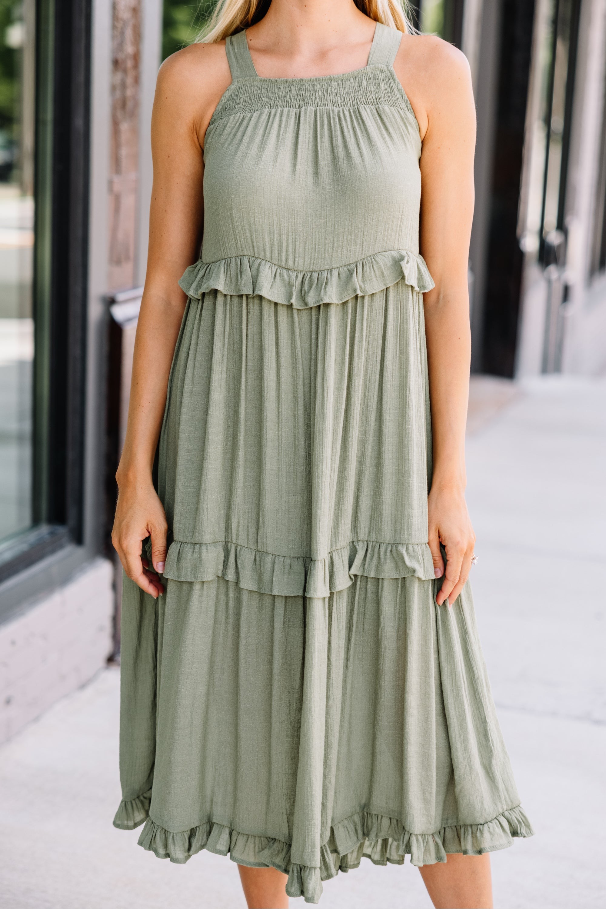 Celebrate Yourself Olive Green Ruffled Midi Dress