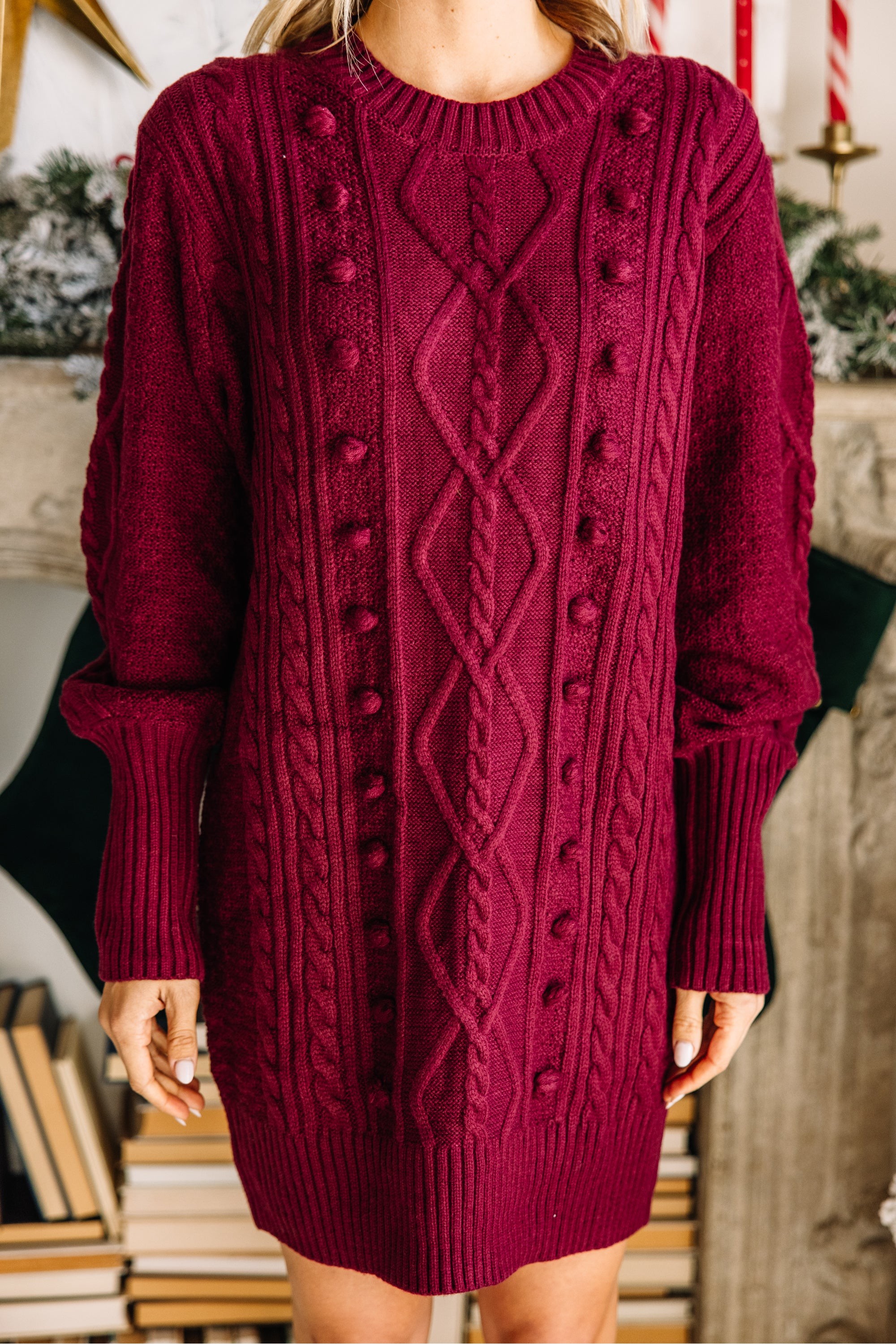 I'll Wait For You Sangria Red Pompom Sweater Dress
