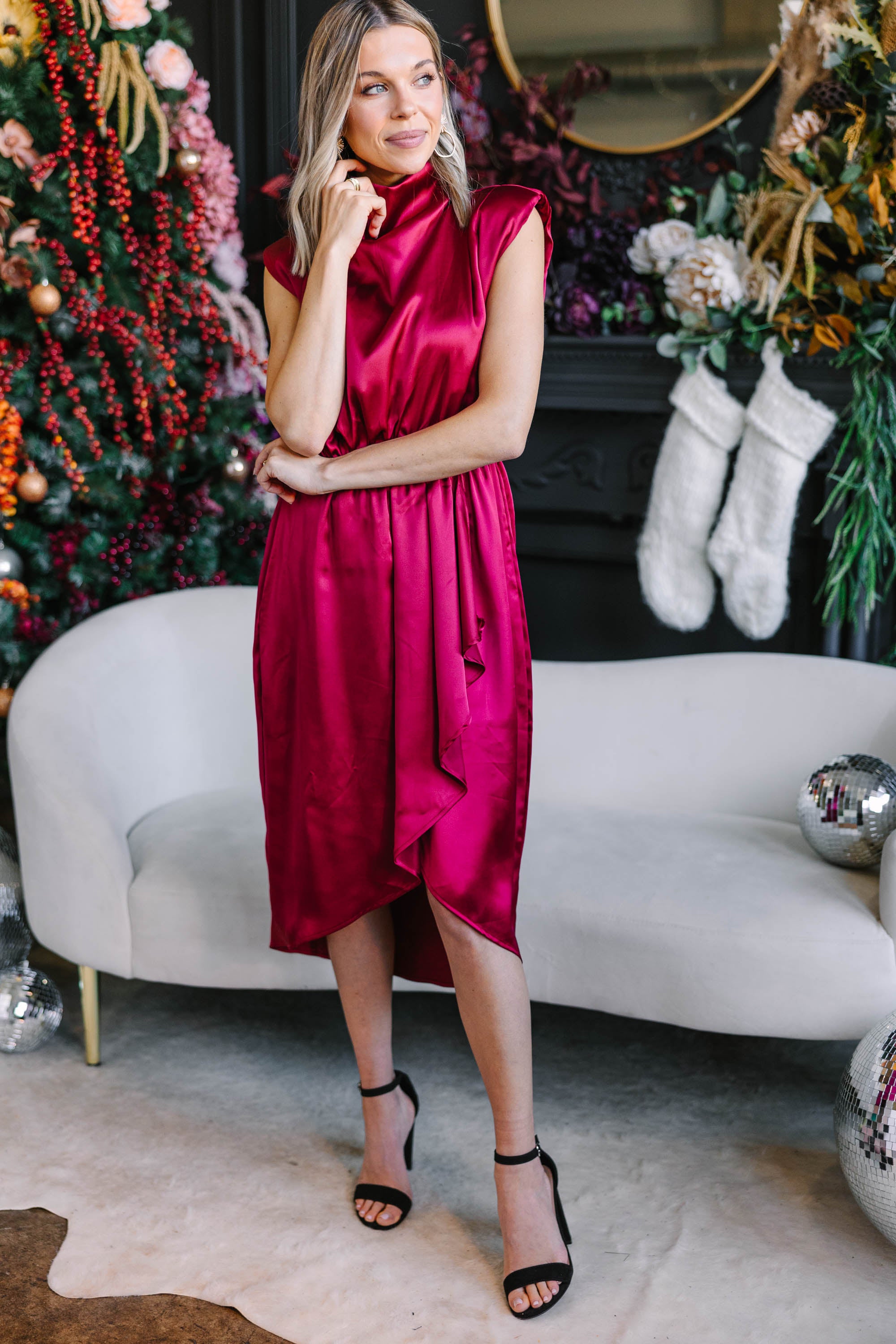 Ruby Red Satin Midi Dress