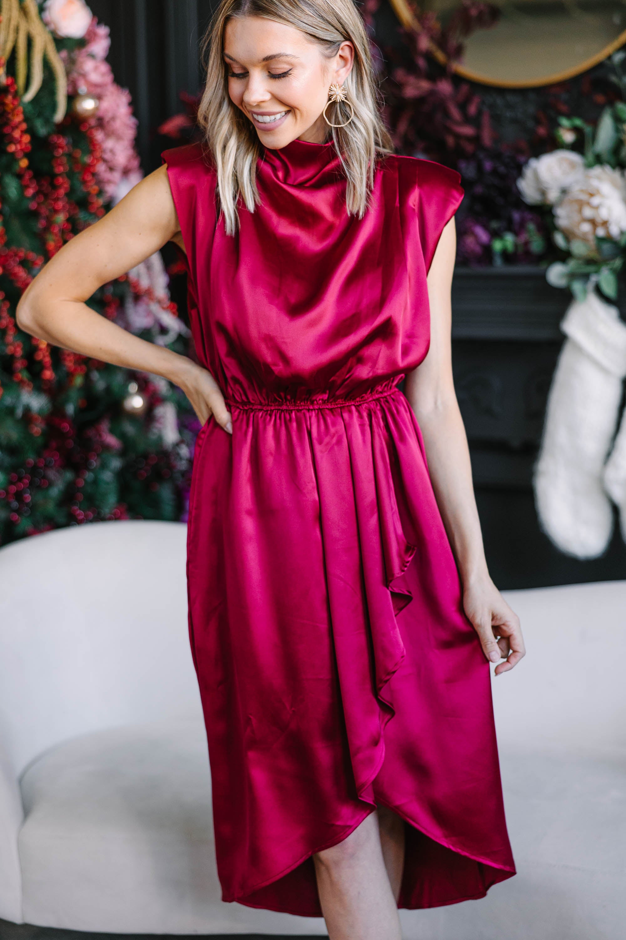 Ruby Red Satin Midi Dress