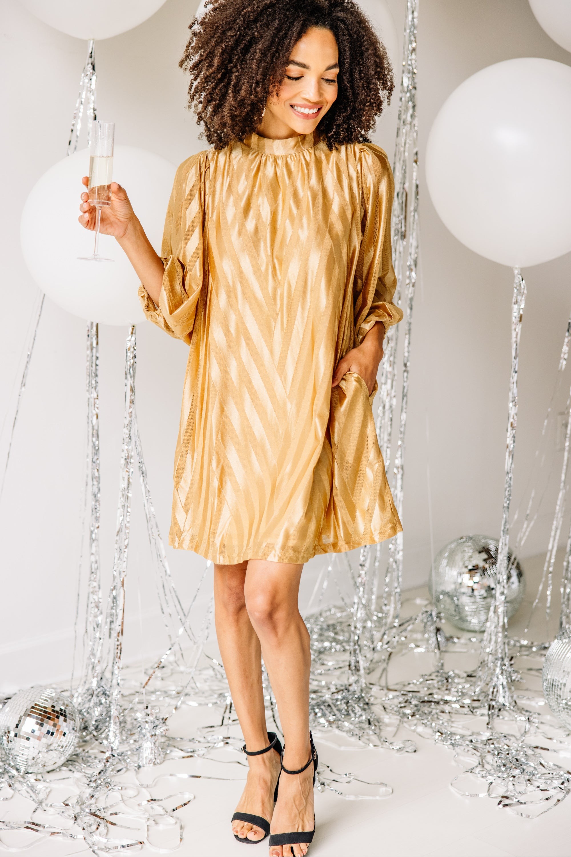 Call On You Gold Chevron Shift Dress