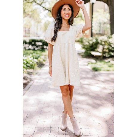 On Your Team Cream White Cable Knit Babydoll Dress