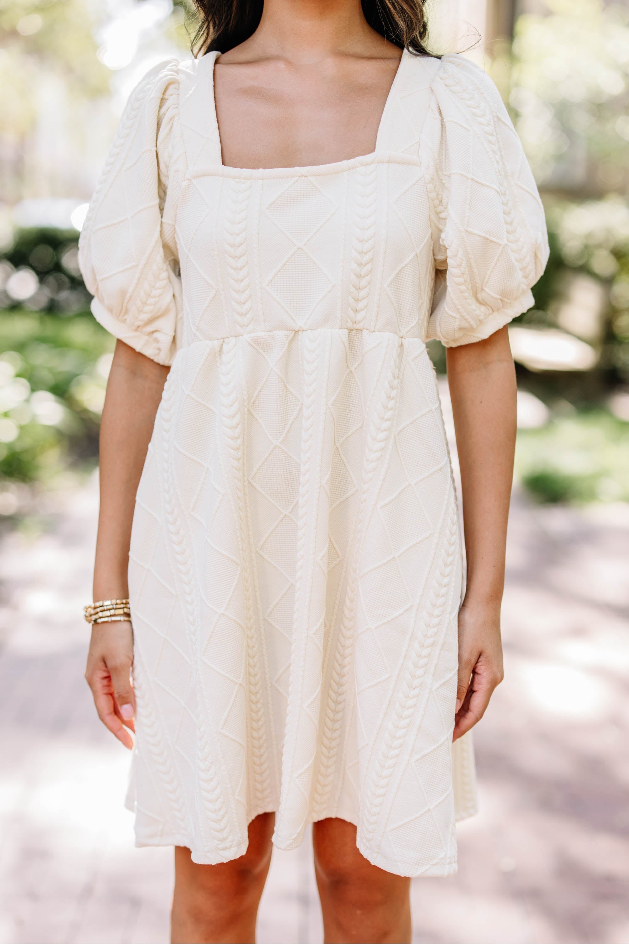On Your Team Cream White Cable Knit Babydoll Dress