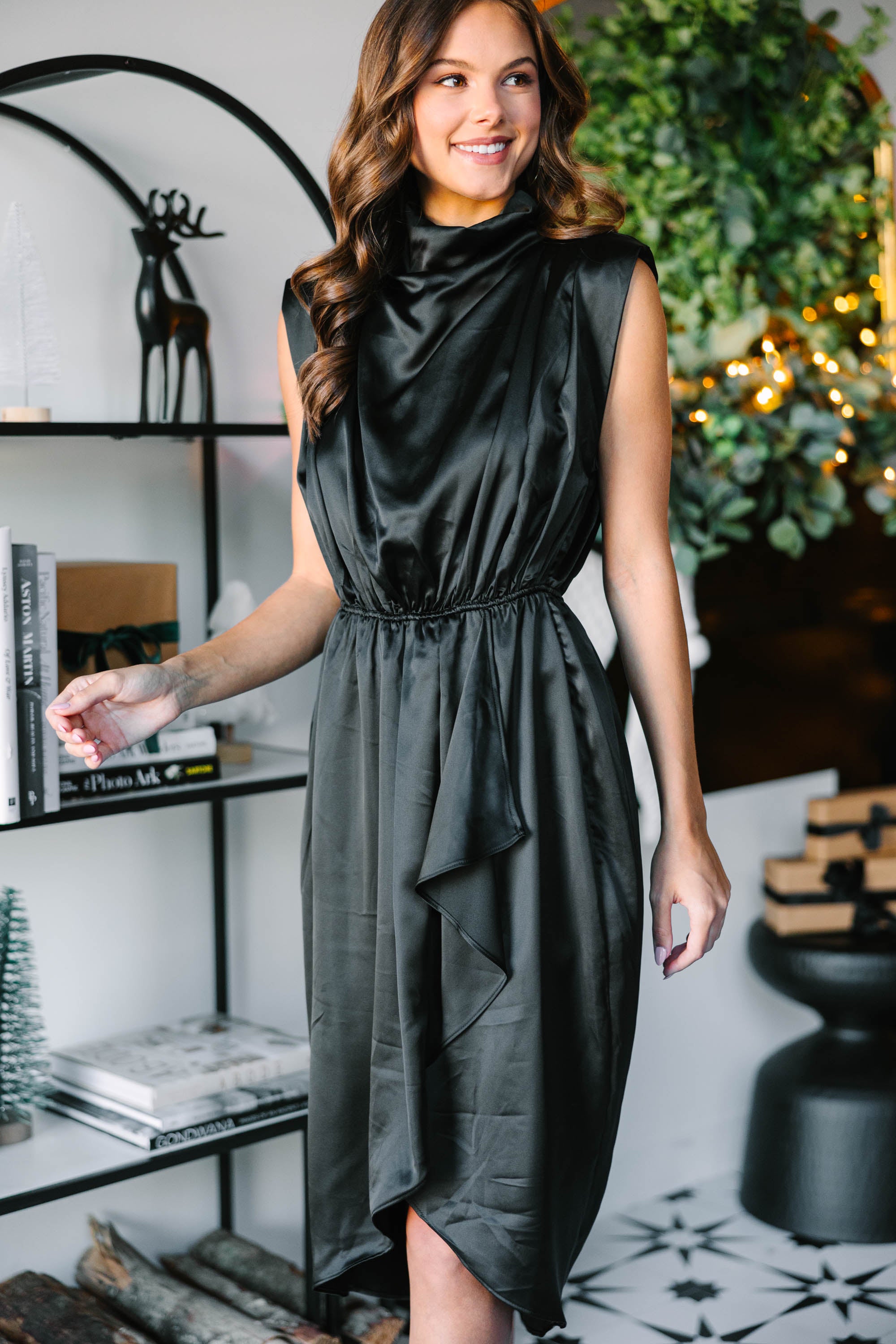 Black Satin Midi Dress