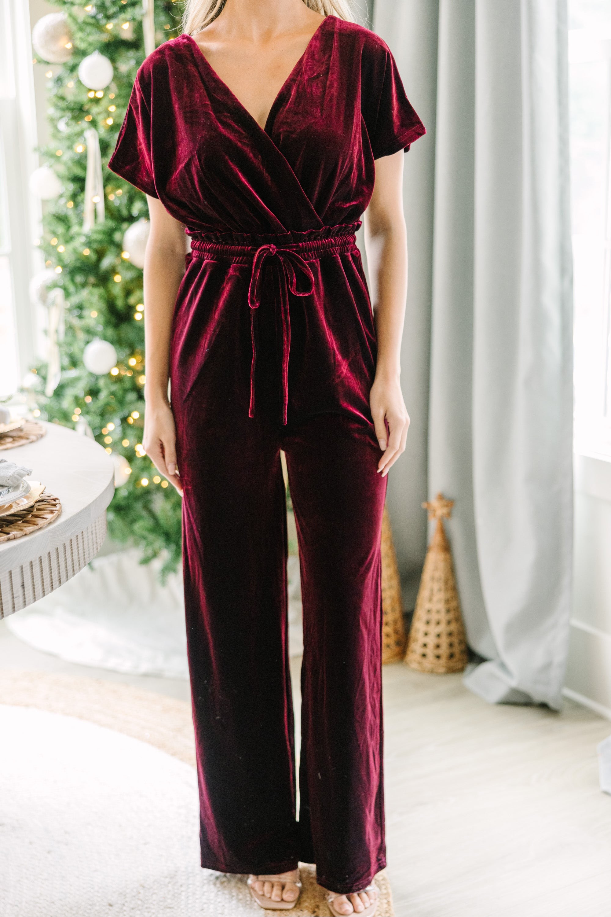 Holiday Vixen Wine Red Velvet Jumpsuit