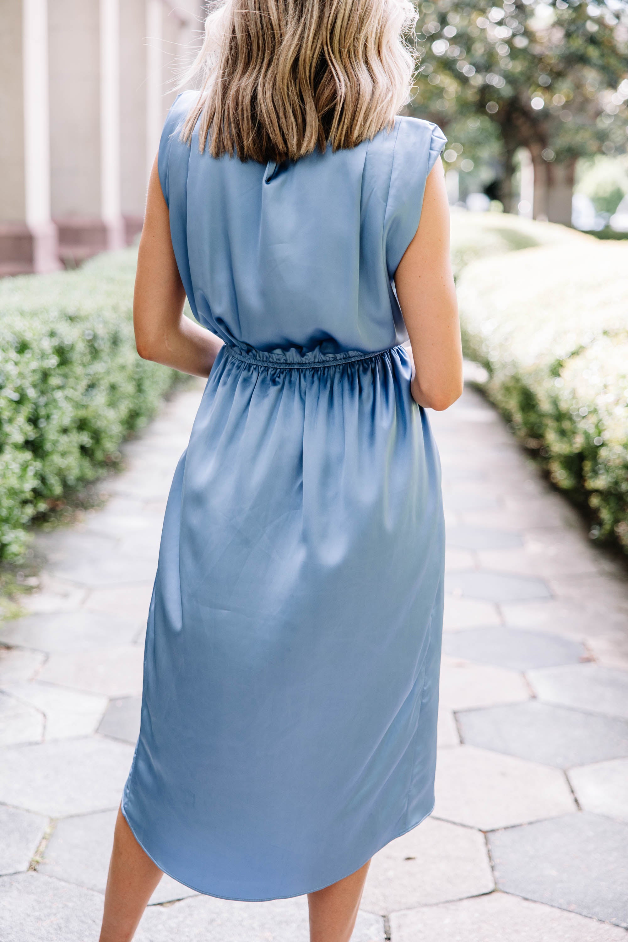 Dusty Blue Satin Midi Dress