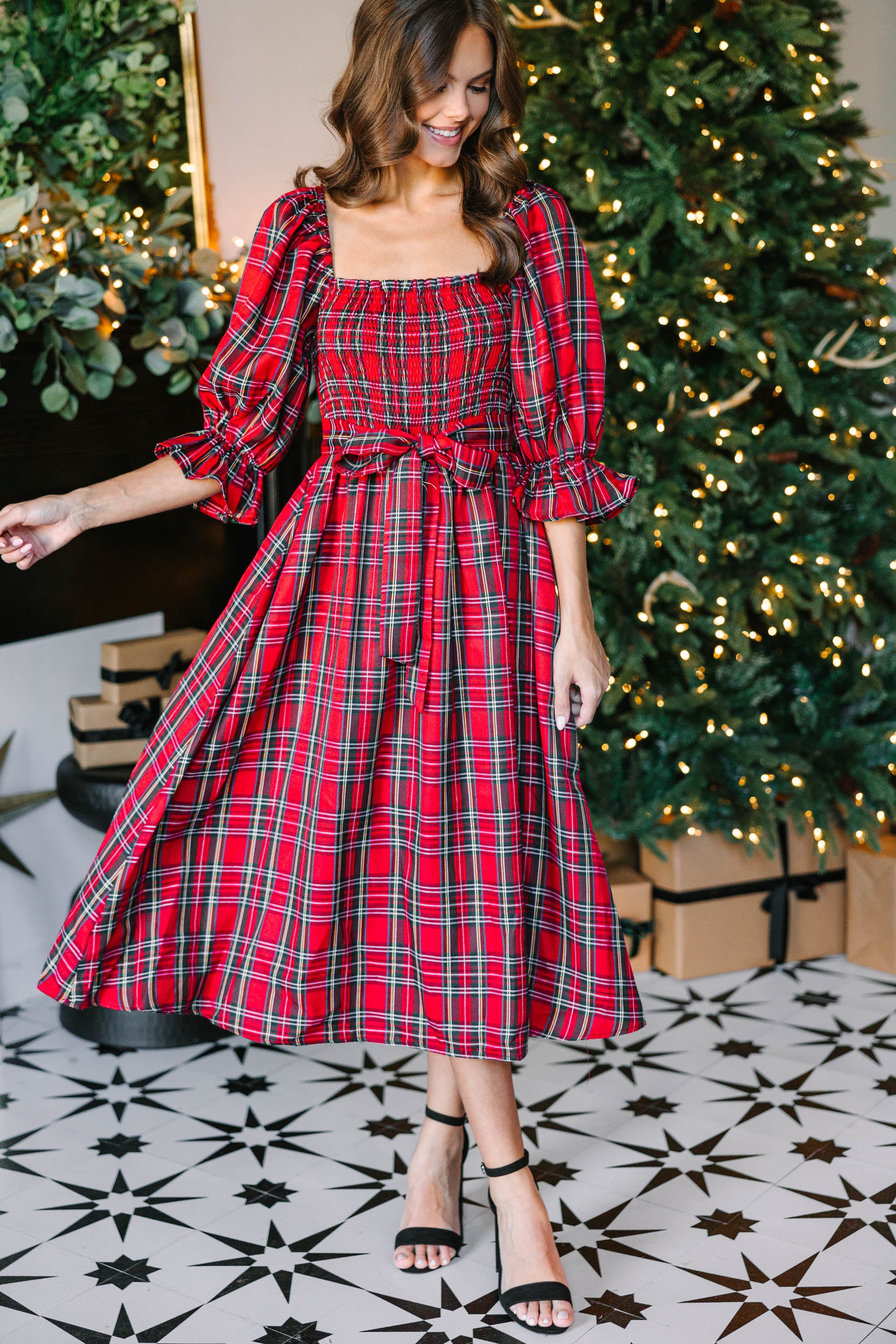 Red Tartan Plaid Midi Dress