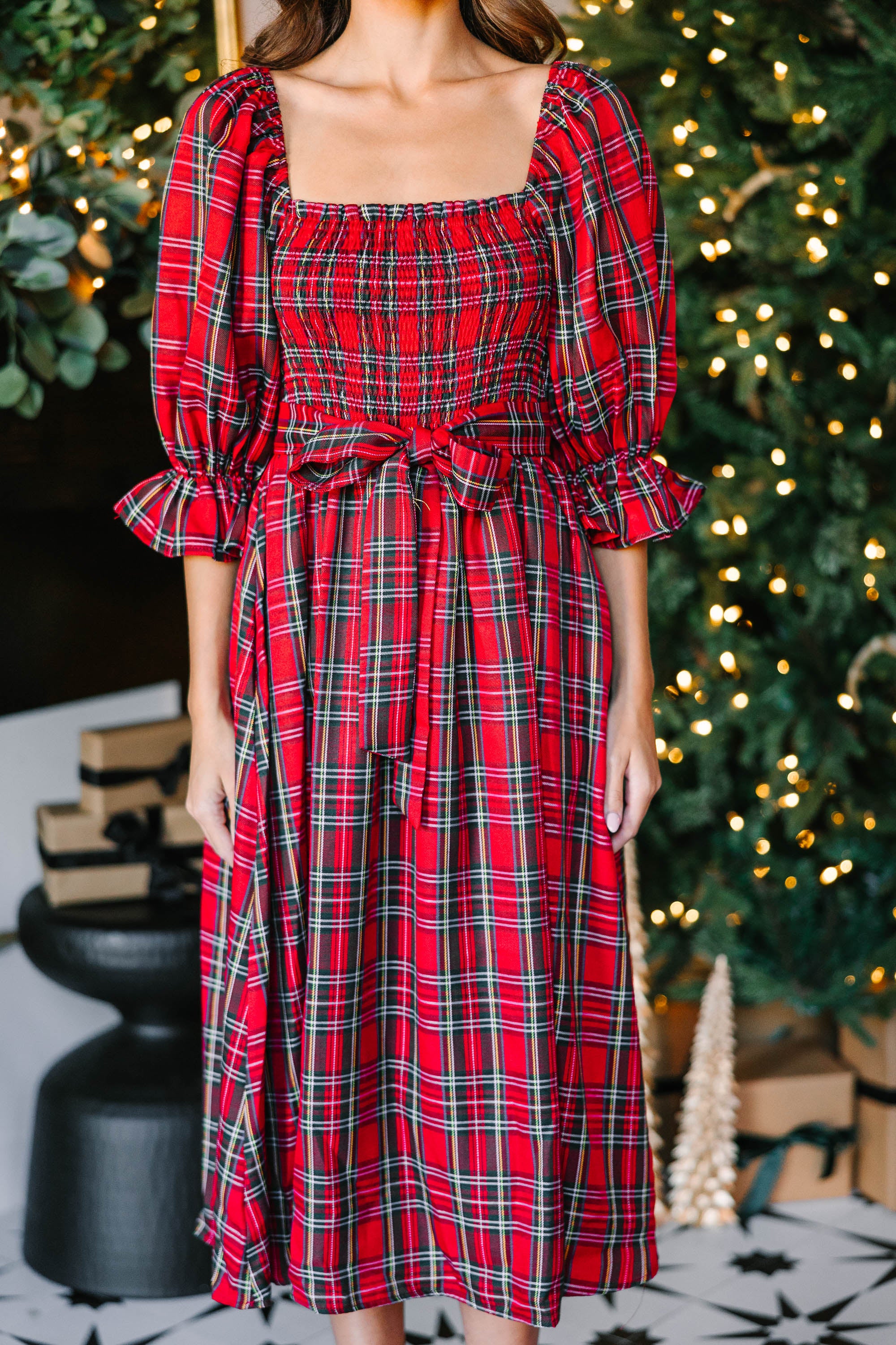 Red Tartan Plaid Midi Dress