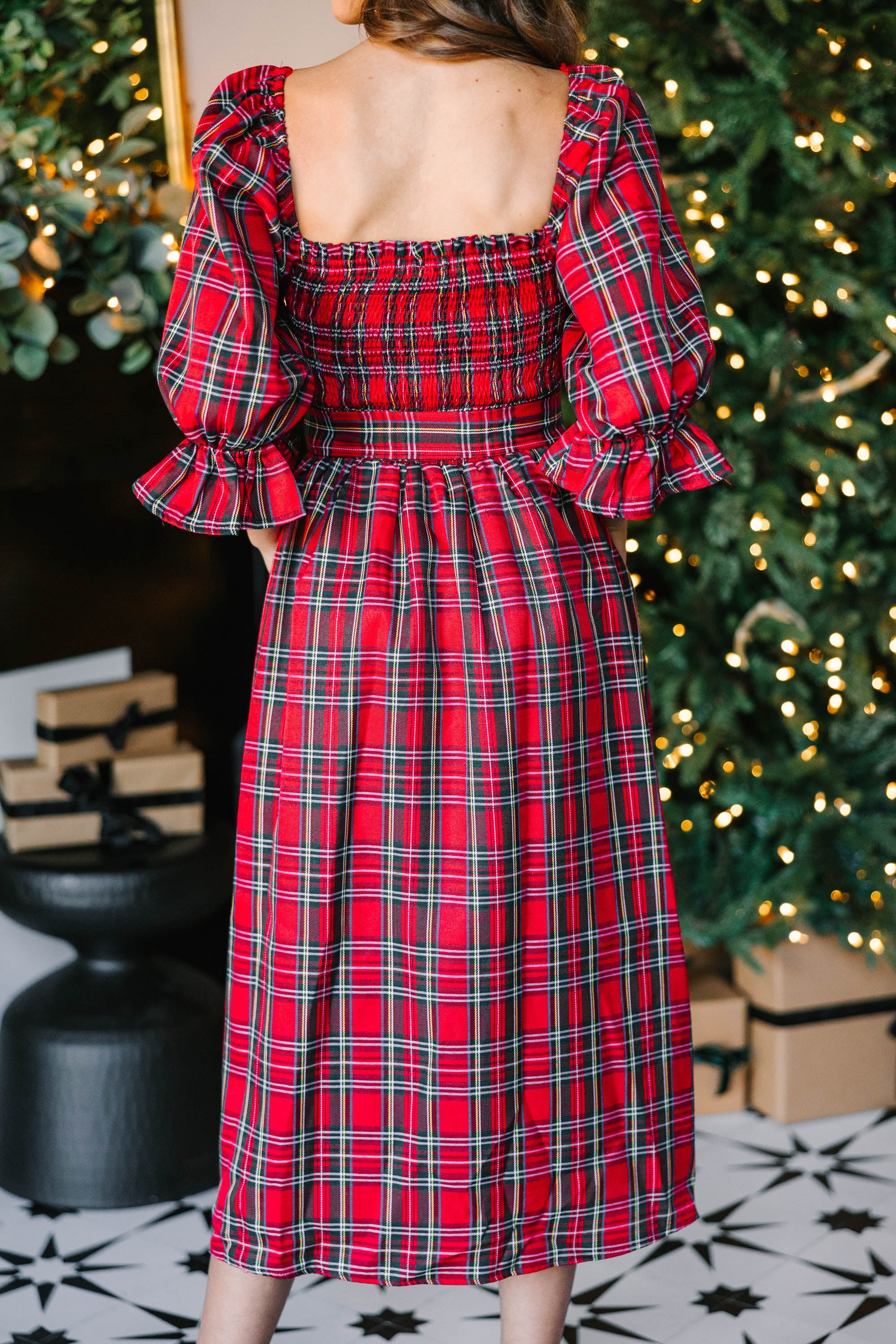 Red Tartan Plaid Midi Dress