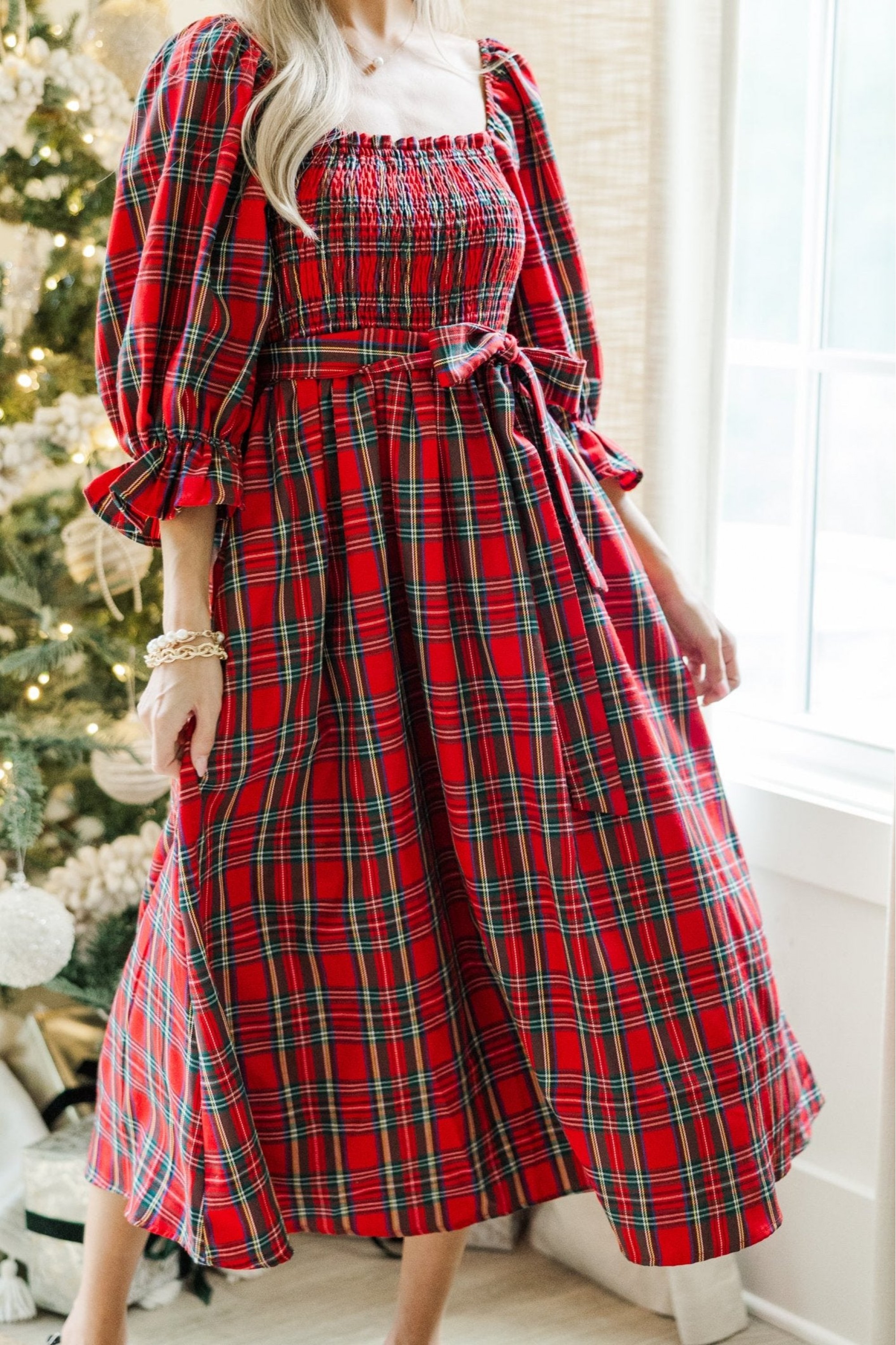 Red Tartan Plaid Midi Dress