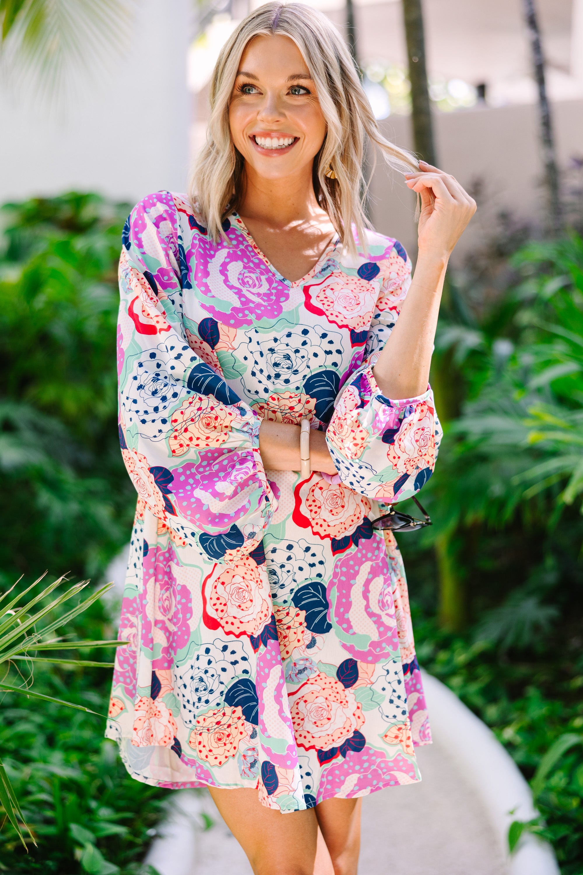 Clear Love White Floral Bubble Sleeve Dress
