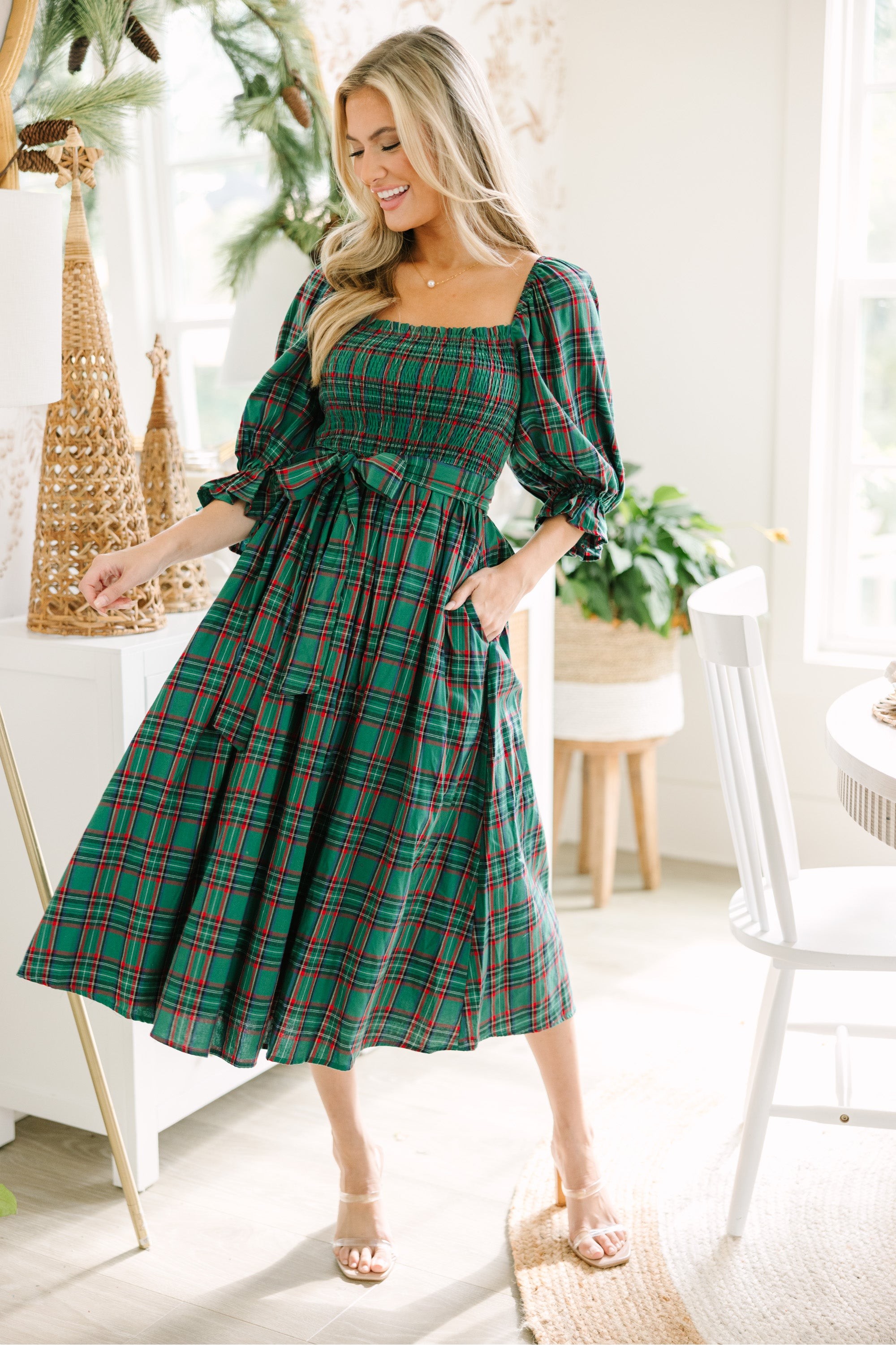 Green Tartan Plaid Midi Dress