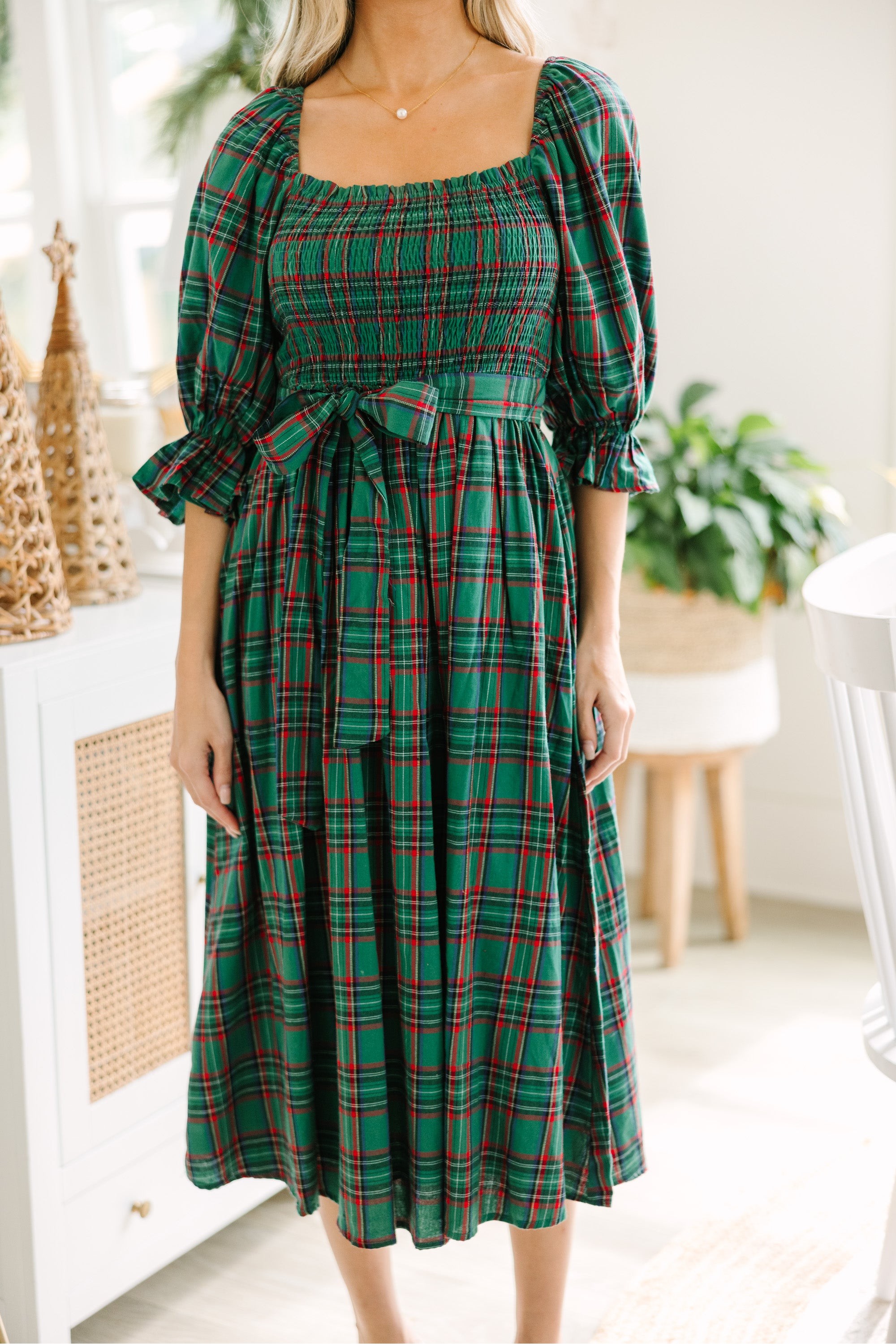 Green Tartan Plaid Midi Dress