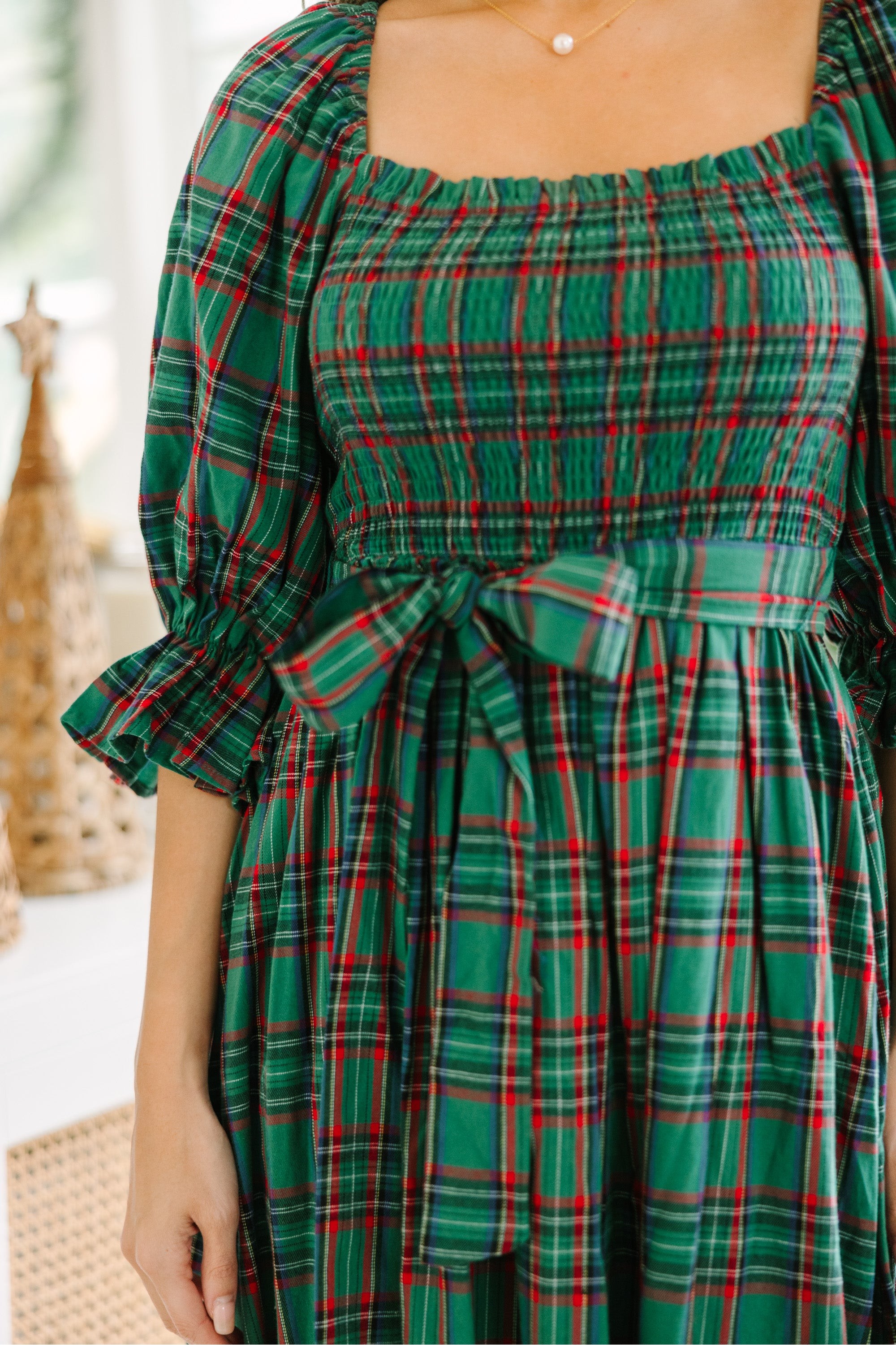 Green Tartan Plaid Midi Dress