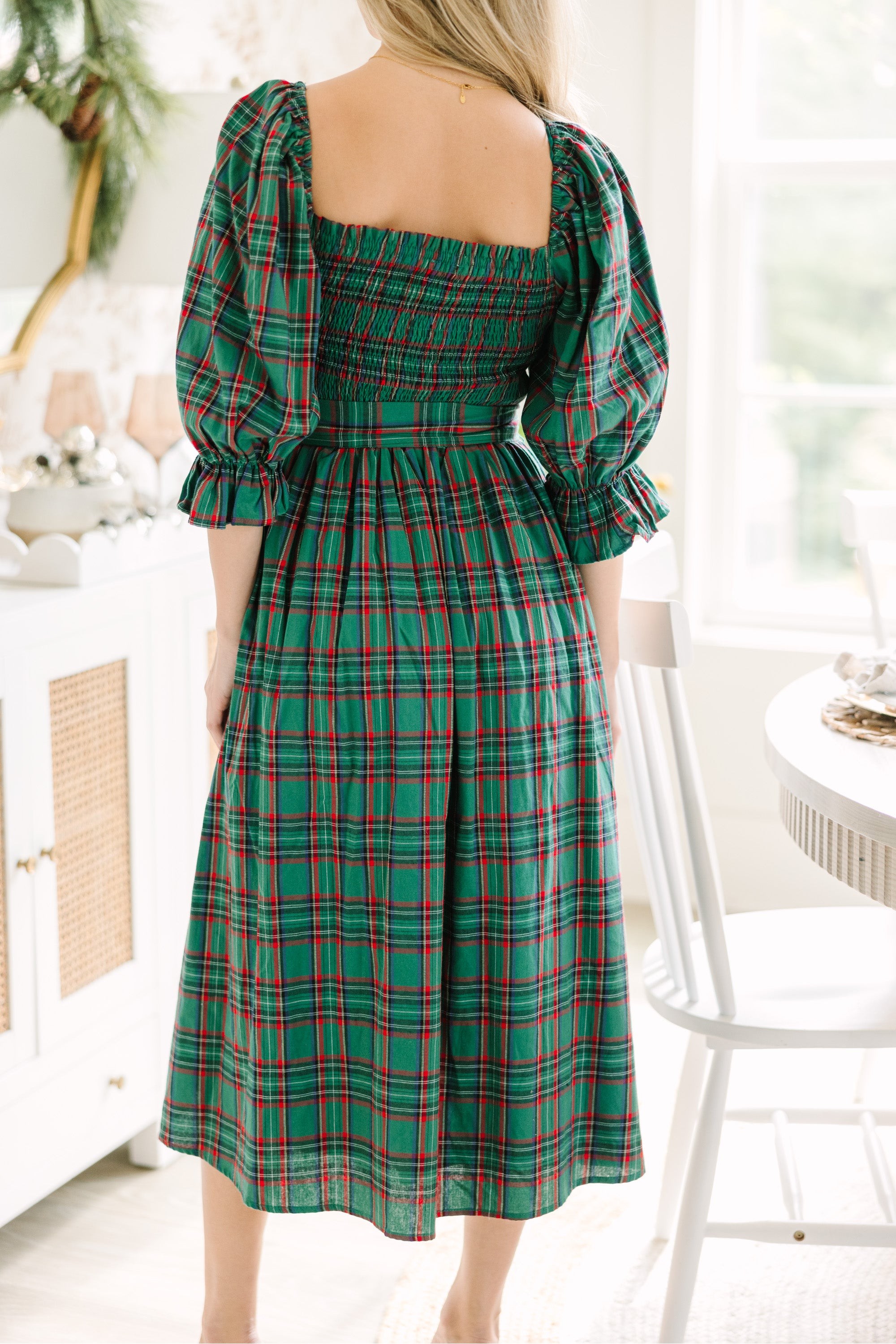 Green Tartan Plaid Midi Dress