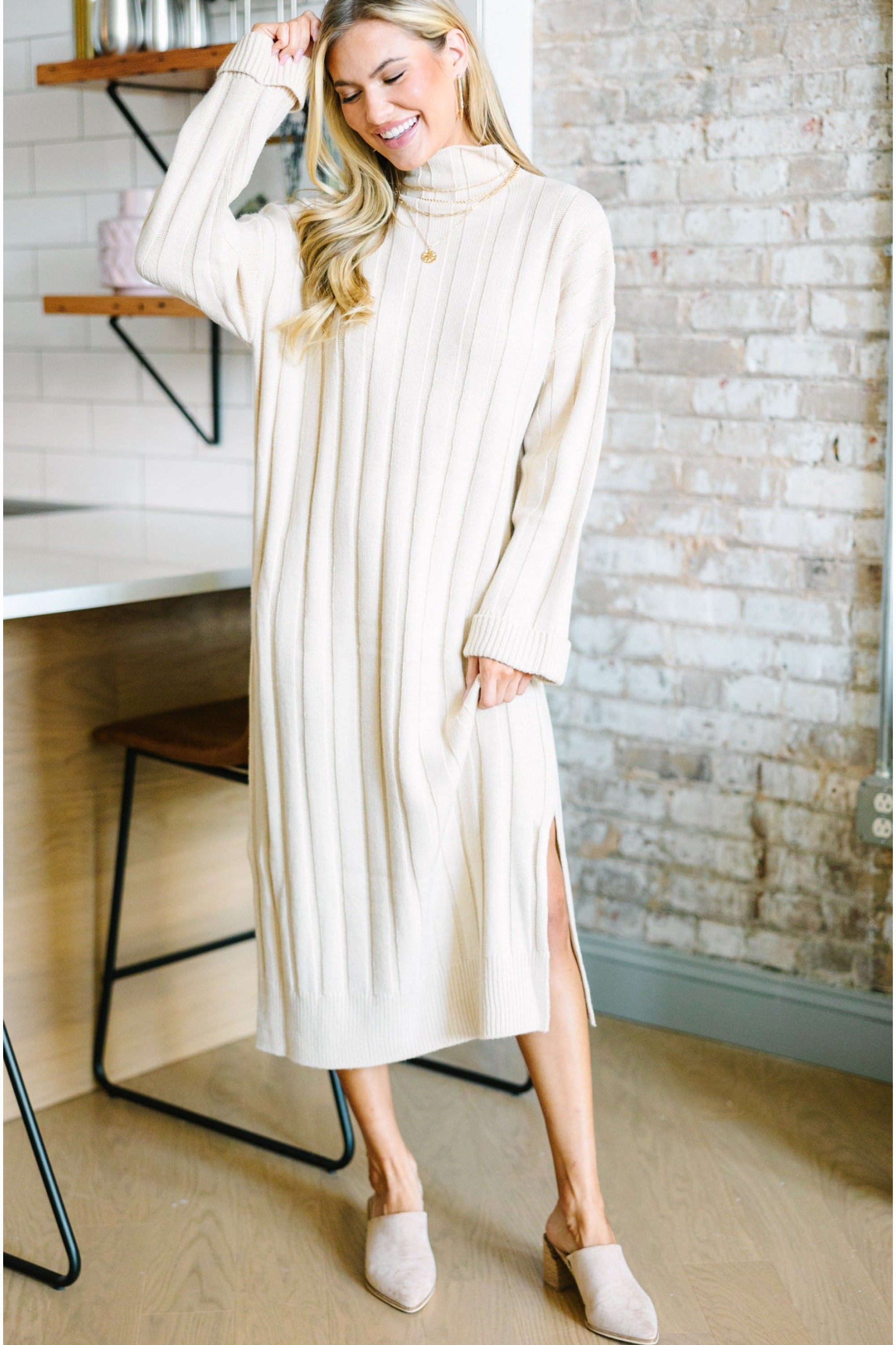 What You Need Oatmeal Brown Midi Sweater Dress