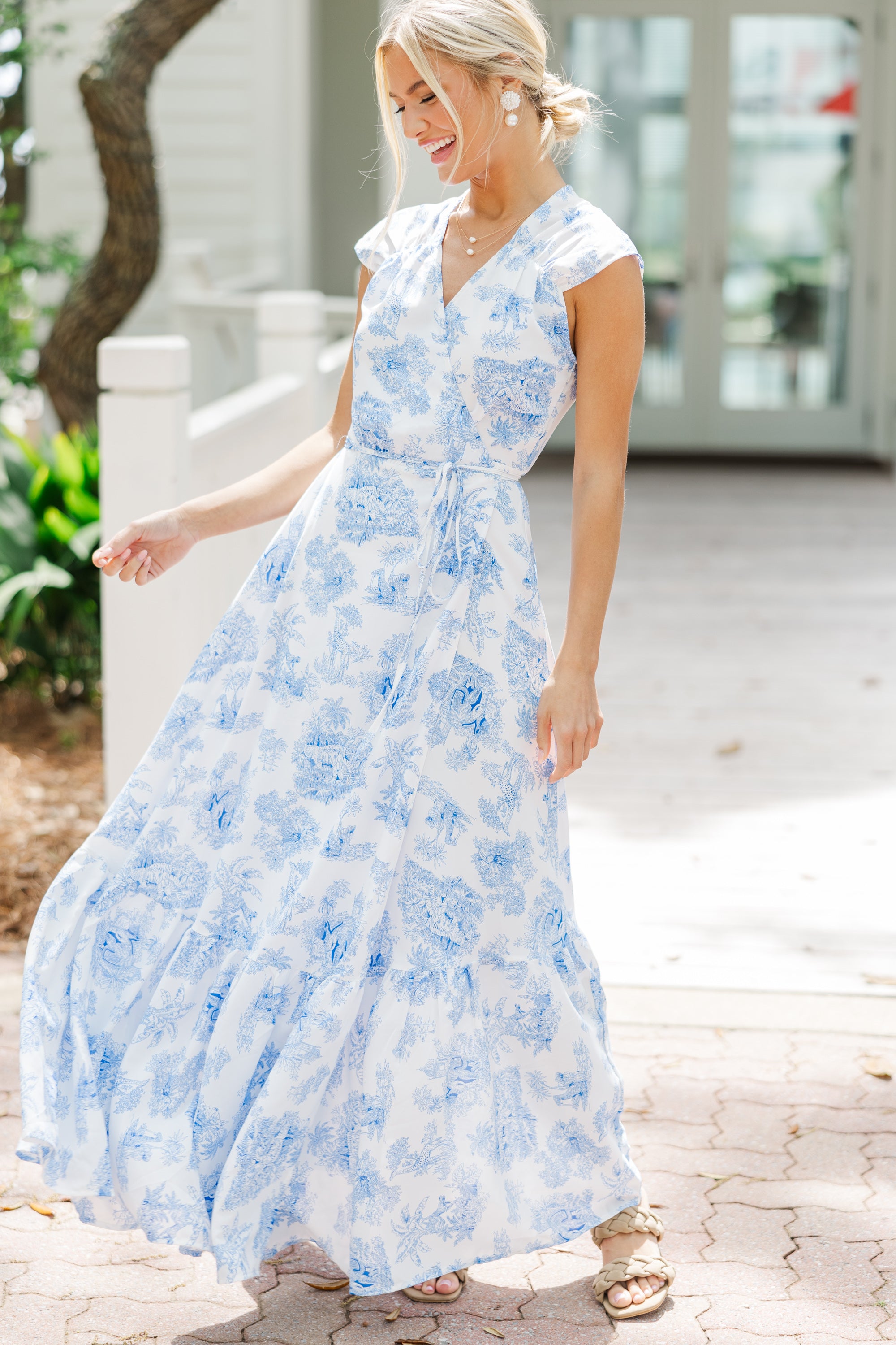 Miss You More White & Blue Toile Maxi Dress