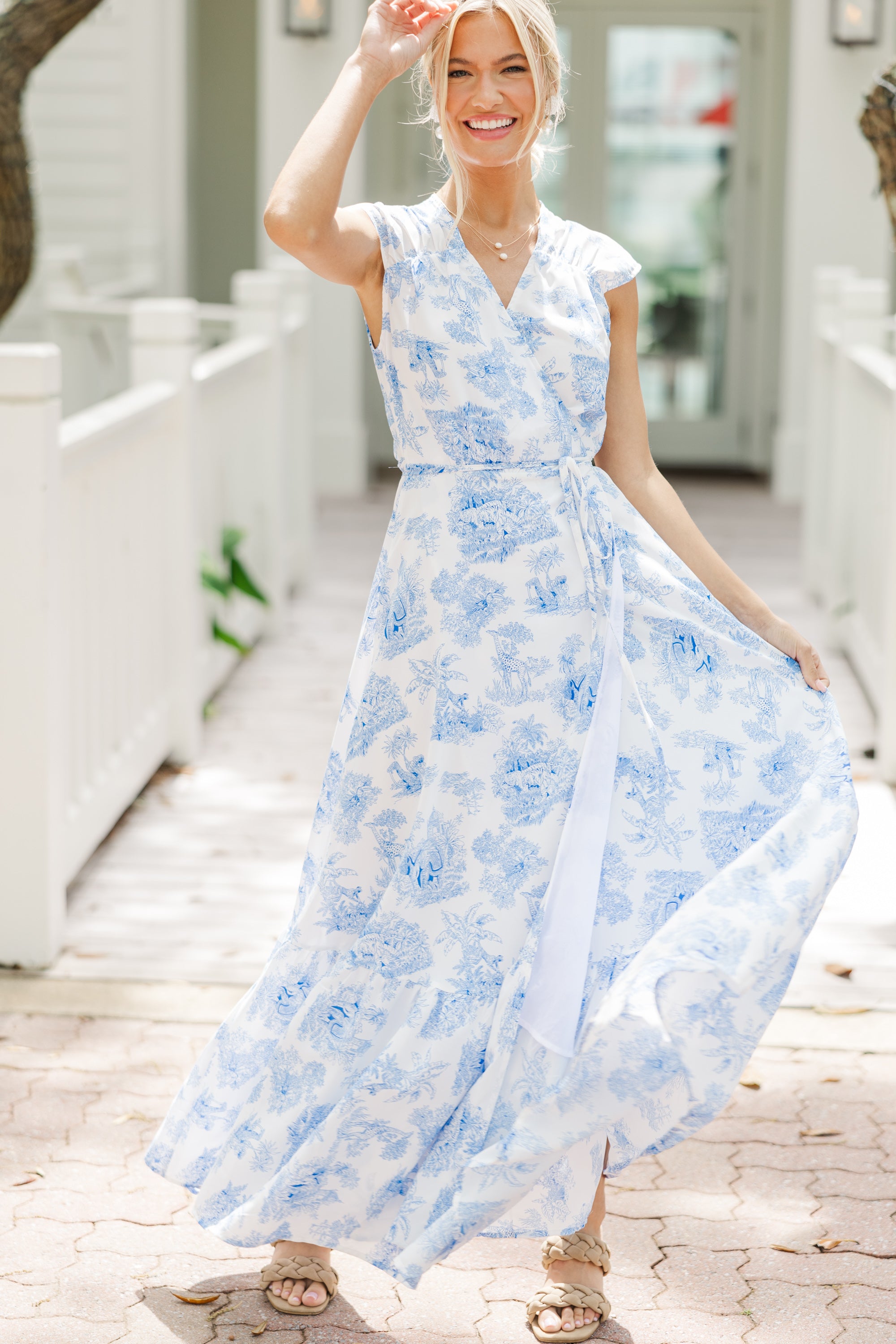 Miss You More White & Blue Toile Maxi Dress