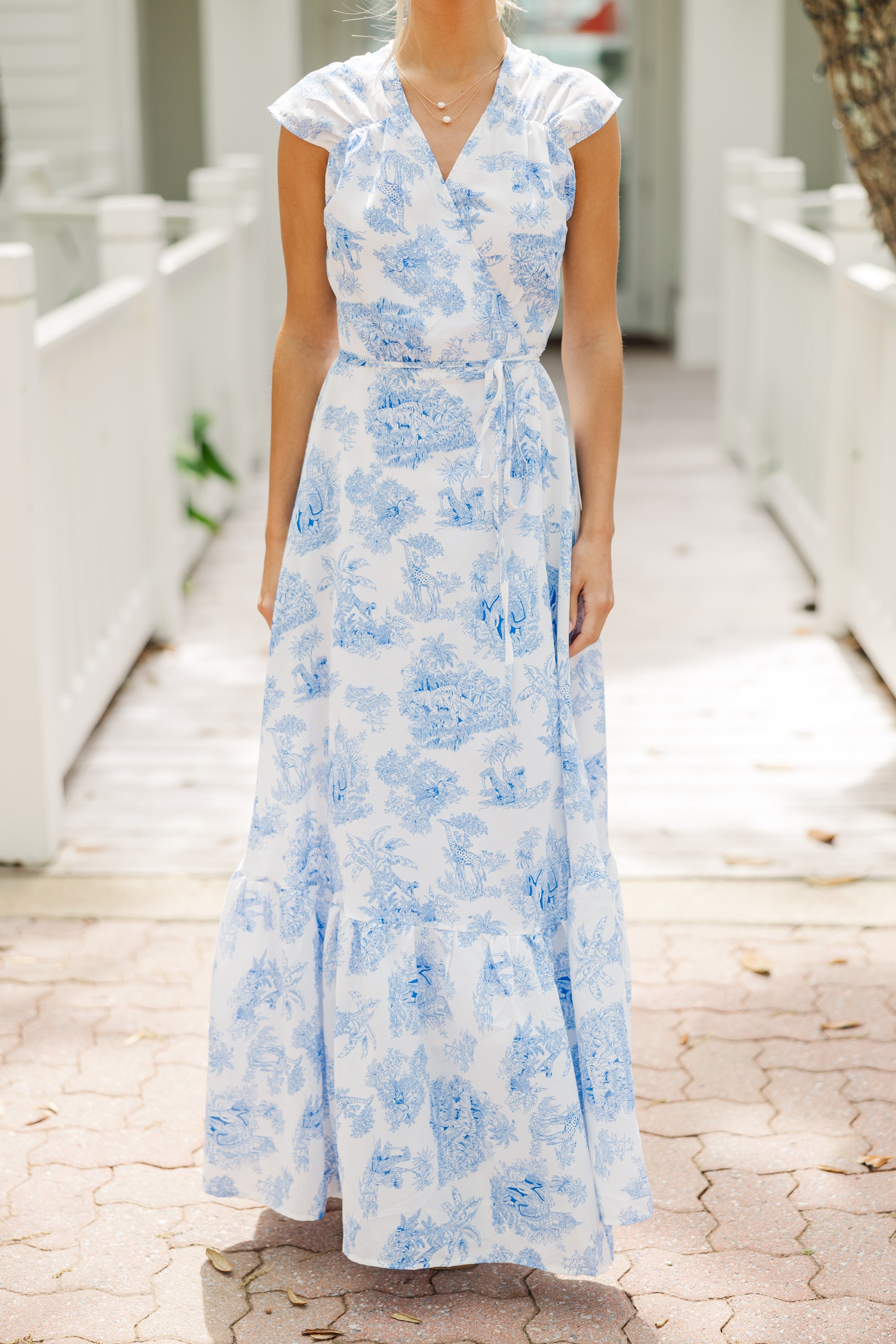 Miss You More White & Blue Toile Maxi Dress