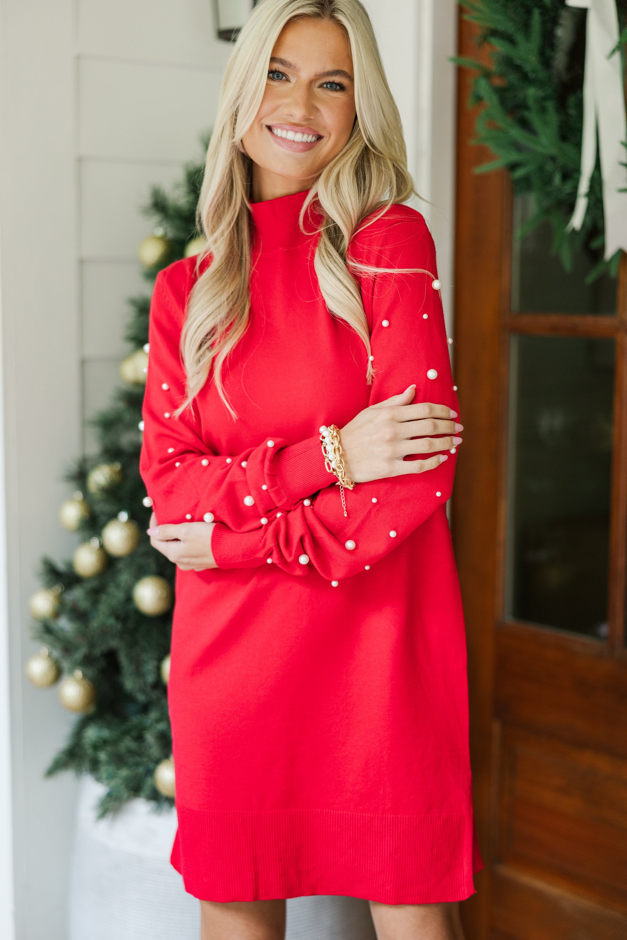 Red Embellished Sweater Dress