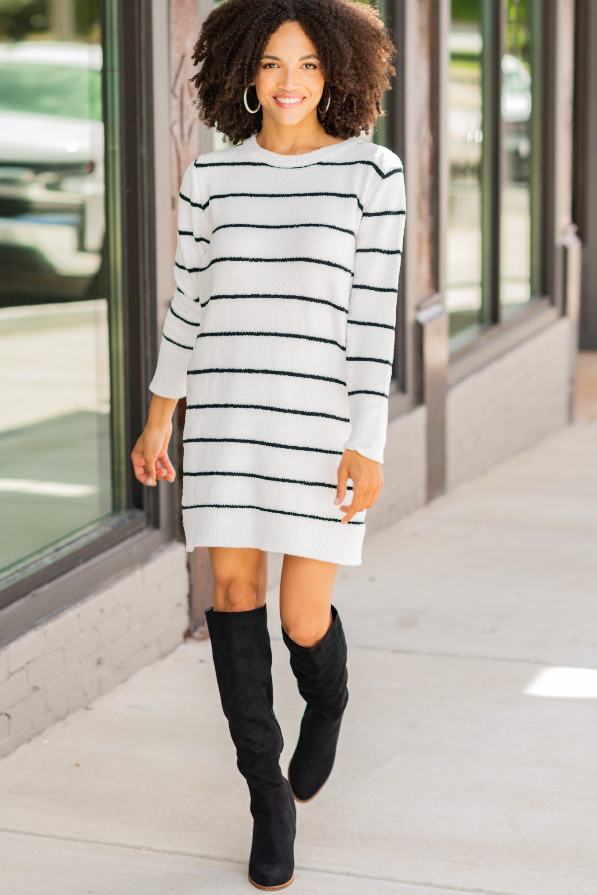 White Striped Sweater Dress