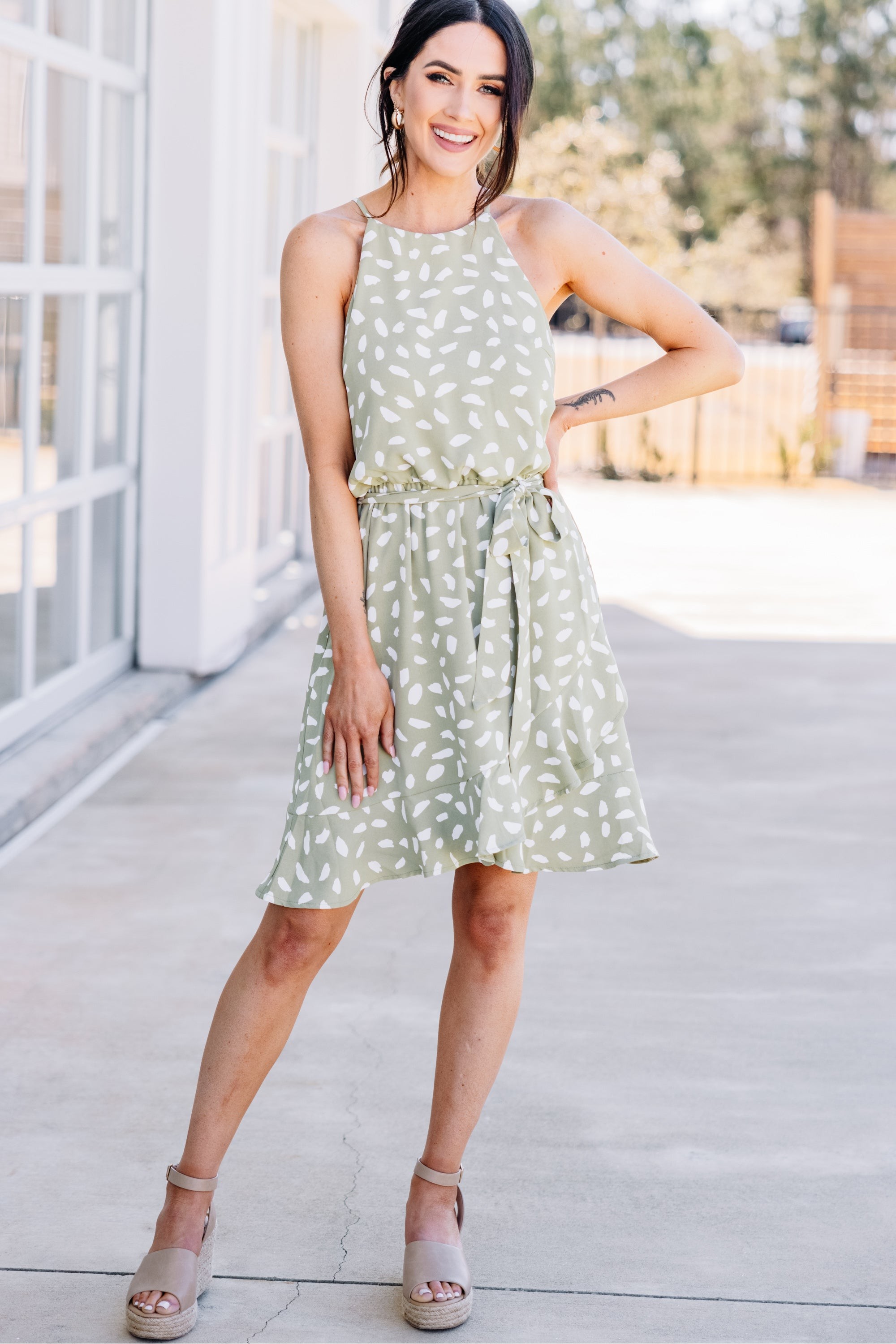 Just Go With It Green Tea Spotted Dress