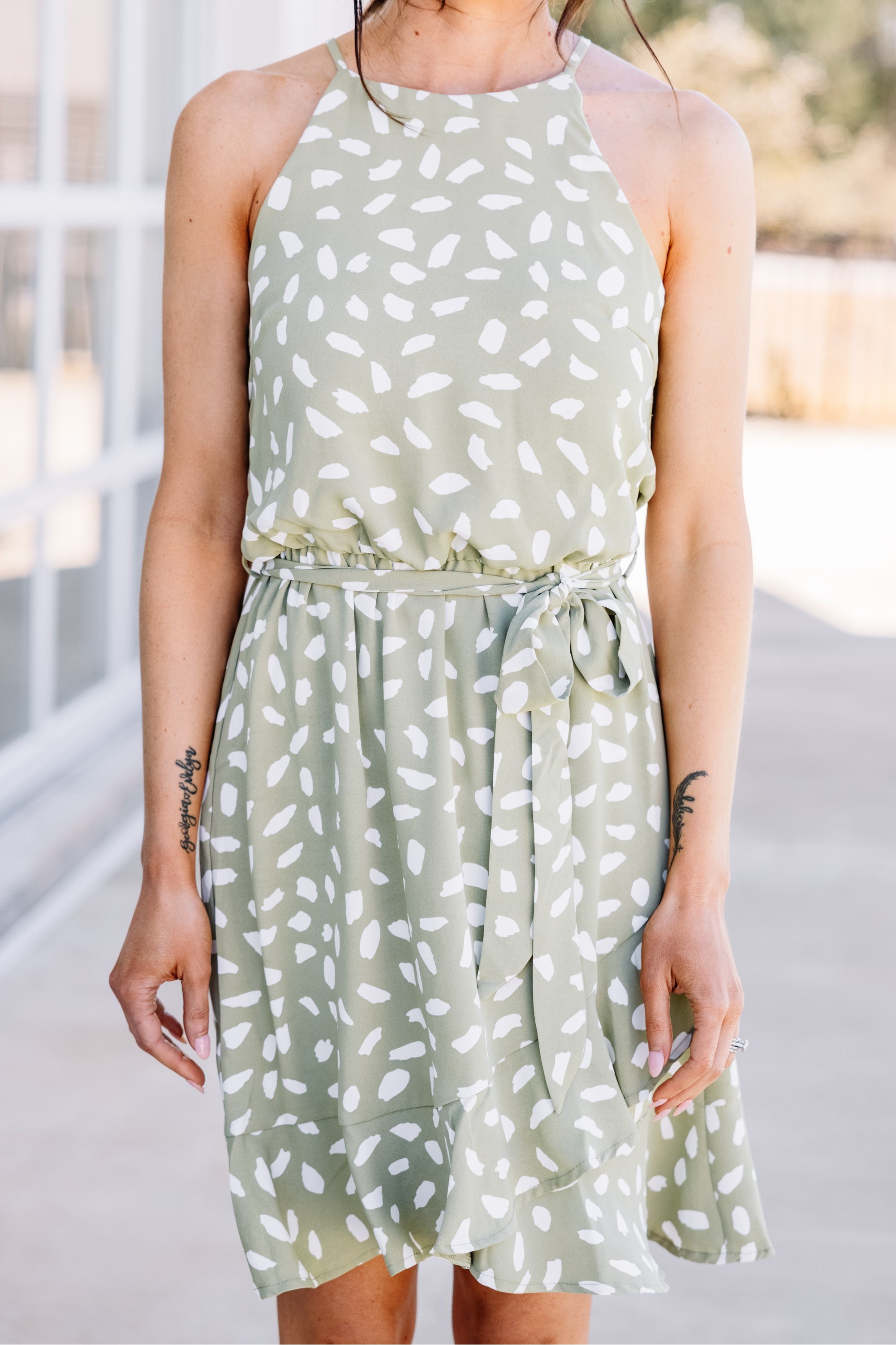 Just Go With It Green Tea Spotted Dress